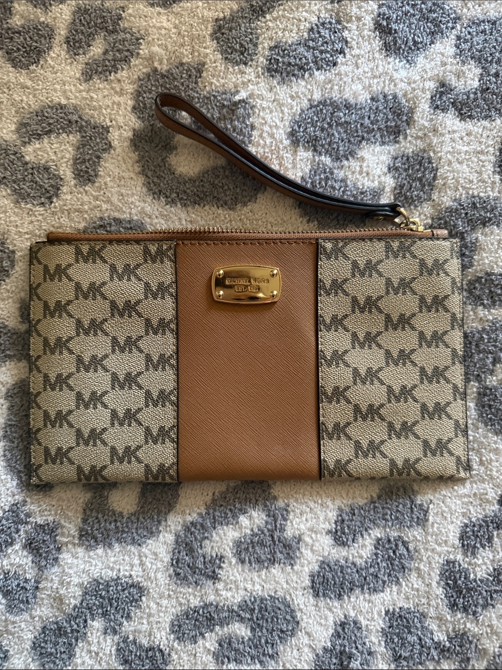 Michael Kors Brown Tan Logo Wristlet with Gold Plaque